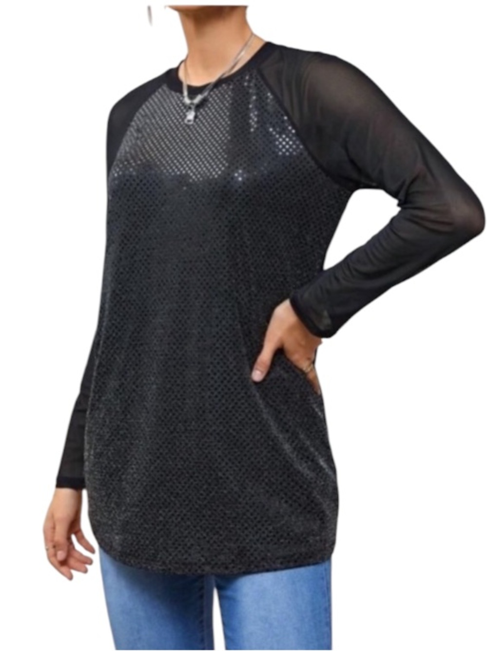 SHEINNeu Contrast Mesh Raglan Sleeve Sequin Top size XS new